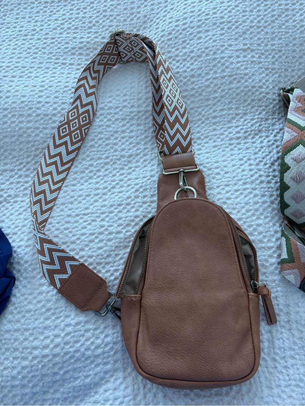 Urban Originals Tan/Brown Leather-Look Sling Bag with Patterned Strap